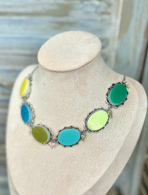 Multiple tile Vintage Pyrex Statement Silver Necklace