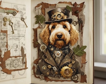 Steampunk Golden Doodle Decoupage Paper Per Sheet | Industrial Dog Tissue | Vintage Furniture Upcycle, Scrapbook & Mixed Media Art