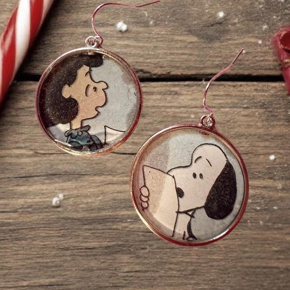 A Charlie Brown Christmas Earrings made from images from vintage 1977 book, Lucy and Snoopy