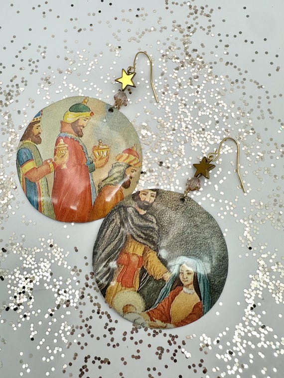 Nativity Christmas earring made from Upcycled Cookie Tin