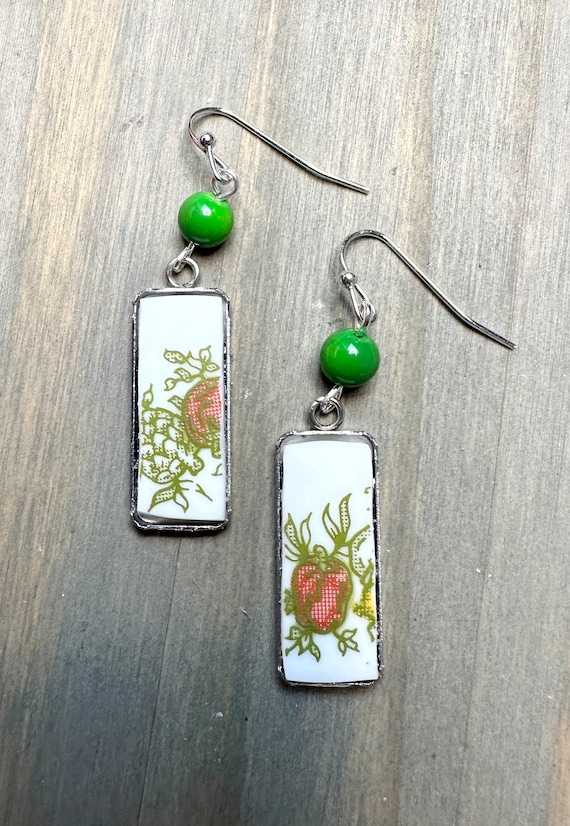 One of a kind broken china Rare Correlle Spice of Life Silver Rectangle earrings