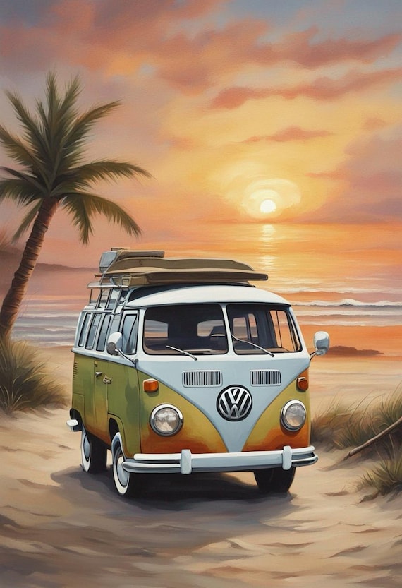 VW Van with Sunset on the Beach  Decoupage A4 Rice Paper