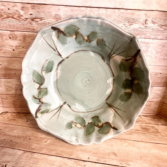 Blue with Green Leaves Studio Art Pottery Bowl Signed