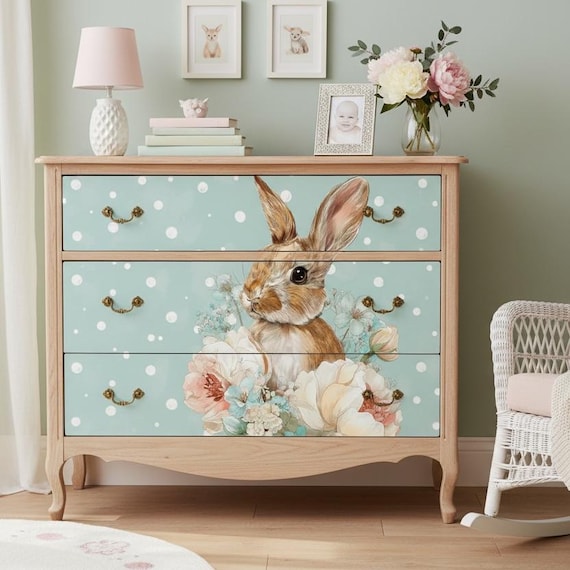 Bunny Rabbit With Spring Flowers on Polka Dot Background Decoupage and A4 Rice Paper