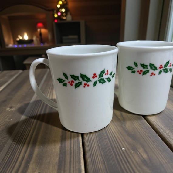 Set of  2 Vintage Corning Corelle Winter Holly Days Christmas Coffee Cups Mugs