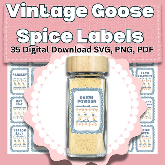 Vintage Goose Spice Labels, Retro Country Kitchen SVG, Blue Ribbon Goose Pantry Stickers, 90s Cottagecore Jar Decals, Digital Download
