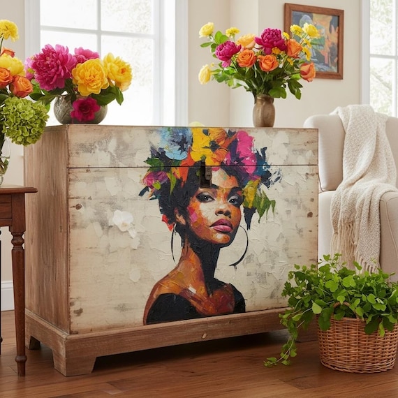 Black Woman Decoupage Paper, Abstract Textured Art, Bright Floral Hair, A4 Rice Paper for Furniture Upcycle, Junk Journal & Mixed Media