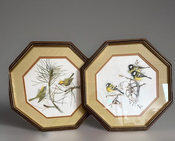 Choice of 2 Mads Stage 1971 Lithograph Finch  Birds Signed And Framed  15" X 15 Hexagon Frames