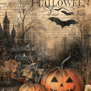 May include: A digital art print featuring two carved orange jack-o'-lanterns with black triangular eyes and jagged mouths, set against a dark, moody background with a silhouette of a castle, bare trees, flying bats, and the text Halloween.
