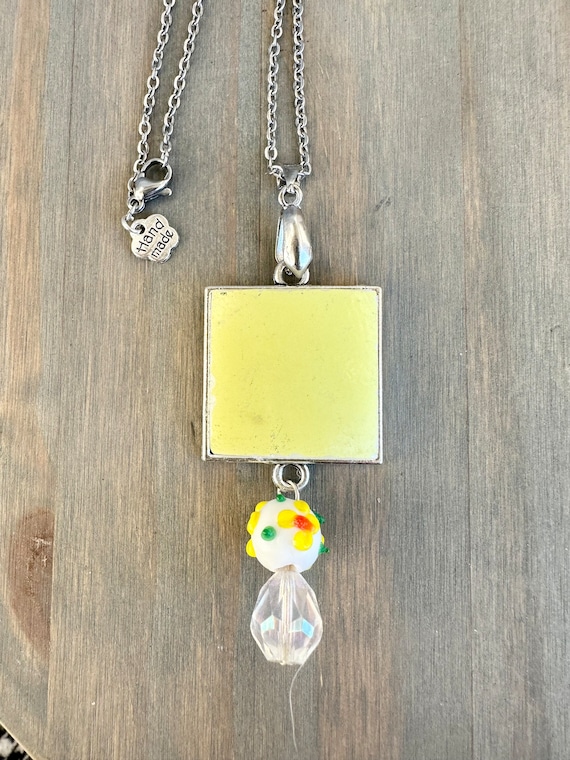 Vintage Pyrex Pendant Necklace: 1970s Repurposed Dish, Silver Tassel