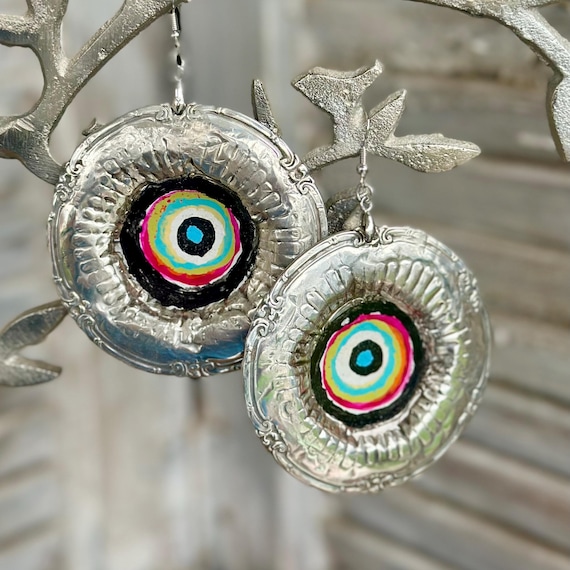 Upcycled Sterling Silver Butter Pats into Colorful One of a Kind Statement Earrings