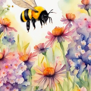 May include: A watercolor painting of a bumblebee flying near a cluster of pink, purple, and blue flowers. The bee has yellow and black stripes and is in focus. The flowers are out of focus and create a soft, dreamy background.