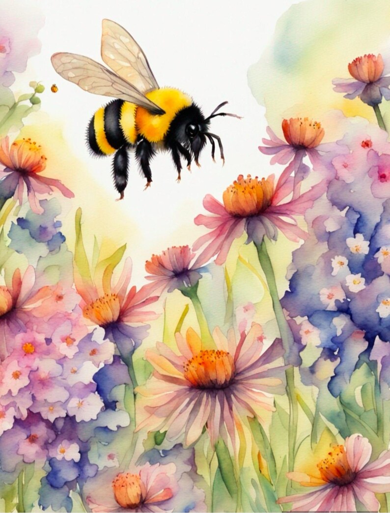 May include: A watercolor painting of a bumblebee flying near a cluster of pink, purple, and blue flowers. The bee has yellow and black stripes and is in focus. The flowers are out of focus and create a soft, dreamy background.