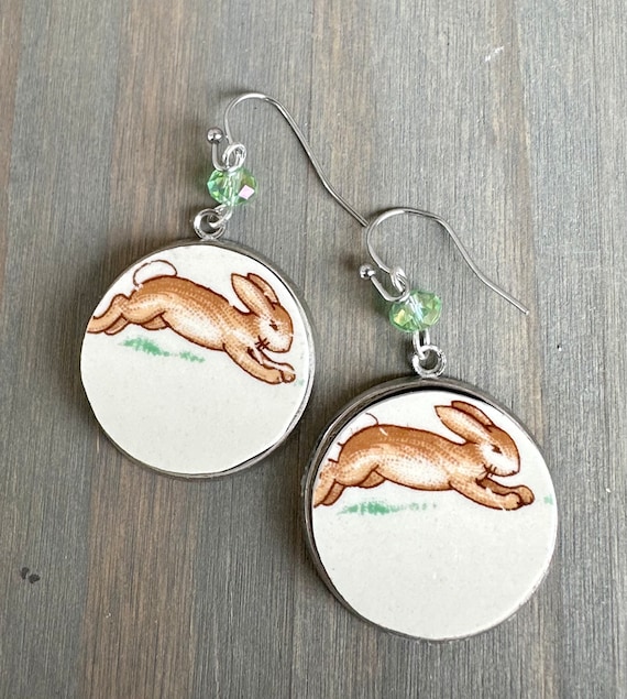 Royal Doulton Bunnykins Broken China earrings with Pale green iridescent bead