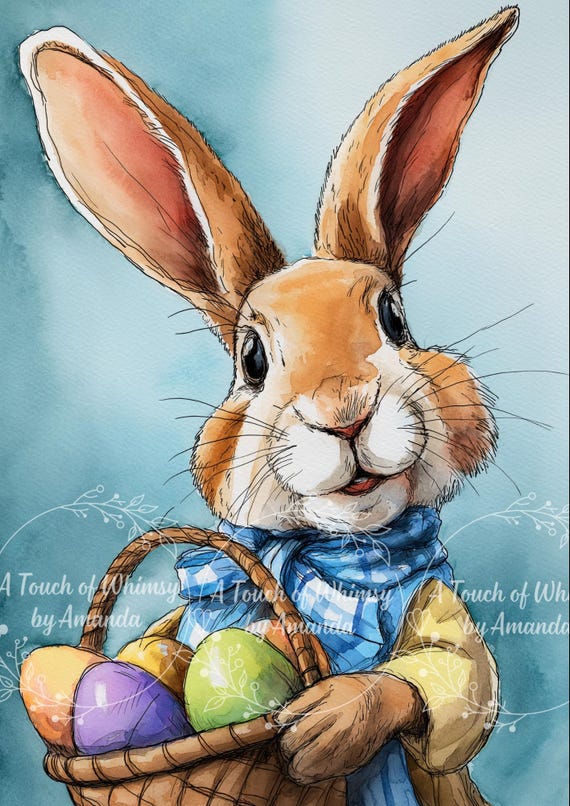 Whimsical Watercolor Painting Bunny Rabbit with  Easter Eggs Spring Decoupage and A4 Rice Paper