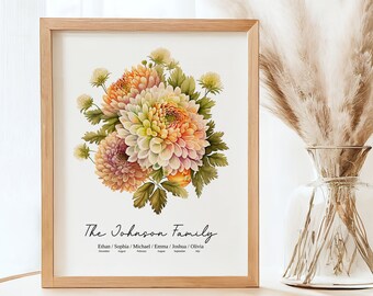 Personalized Family Gift, Birth Flower Family Bouquet, Watercolor Flower Art Custom, Digital Download, Chrysanthemum, Custom for Family