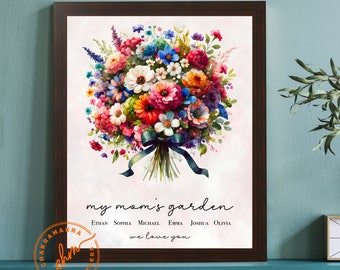 Unique Mother's Day Gift: Personalized Watercolor Wall Art for Mom's Garden, Colorful Bouquet, Framed Poster 3 color 3 size