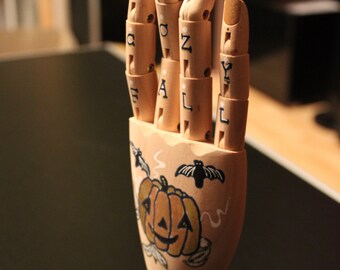 Wooden Hand Sculpture Painted with Halloween Tattoos