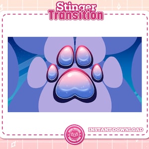 Peut inclure: Une illustration numérique d'une empreinte de patte avec un dégradé bleu et rose, entourée d'un fond abstrait bleu et violet. Le texte "Stinger Transition" est en haut de l'image. Le texte "Téléchargement instantané" est en bas de l'image.
