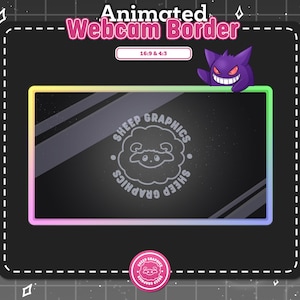Puede incluir: Borde animado para webcam con fondo negro y marco de colores arcoíris. El borde presenta un fantasma de dibujos animados con ojos rojos y un logotipo de oveja blanco con el texto "SHEEP GRAPHICS". El texto "16:9 & 4:3" se muestra en un cuadro blanco en la parte superior del borde.