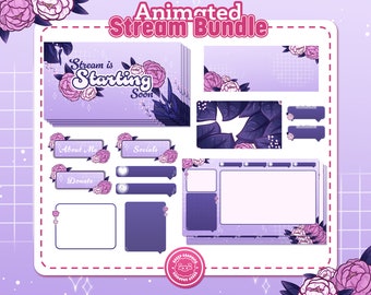 Geanimeerde Purple Flower Twitch Streamer-bundel: Vtuber-overlaypakket (digitale download)