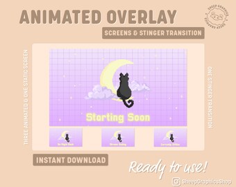 Cute Animated Twitch Overlay | Retro Pixel Cat Screens (Instant Download)