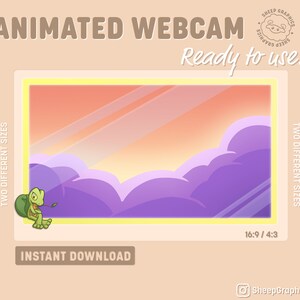 Pode incluir: Fundo de webcam animado com um pôr do sol sobre nuvens roxas com uma tartaruga de desenho animado sentada em um parapeito de janela. O texto "Animated Webcam" e "Ready to use!" é exibido na imagem. O texto "Two Different Sizes" é exibido nos lados esquerdo e direito da imagem. O texto "16:9 / 4:3" é exibido na parte inferior da imagem.