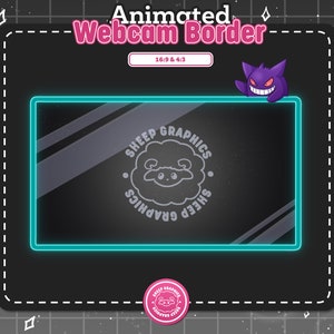 Puede incluir: Un borde de webcam animado de color azul neón sobre un fondo negro. El borde tiene un logotipo de oveja blanco con el texto "Sheep Graphics" en un círculo. El texto "16:9 & 4:3" está en un cuadro blanco en la parte superior del borde. Un fantasma de dibujos animados morado está asomándose por la parte superior del borde.
