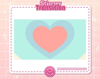 Puede incluir: Una ilustración digital de una forma de corazón con un contorno azul claro y un corazón rosa en el interior. El fondo es de color azul claro. El texto "Stinger Transition" está en la parte superior de la imagen.