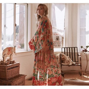 Women Boho Floral Kimono Dress Summer Bohemian Kimono Dress Hippie Kimono Robe Summer Boho Tunic Beach Kimono Long Gown Dress
