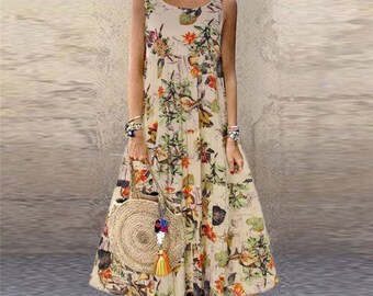 UK Summer Womens Boho Sleeveless Evening Party Beach Midi Dress Floral Sundress UK Summer Womens Boho Sleeveless Evening Party Beach Midi Dress Floral Sundress