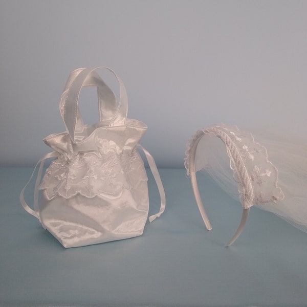 Lace trim First Holy Communion Veil & Drawstring dolly bag