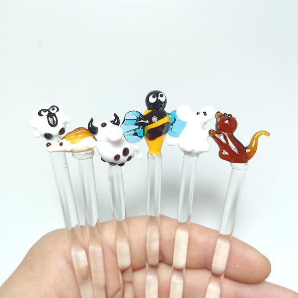Set of 6 Glass Stir Sticks with Animal End for Cocktail Coffee Tea Drink Mixing