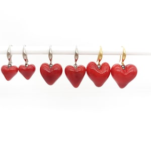 red heart earrings , Murano glass heart earrings , Handmade heart glass jewelry , gift for her , minimalist heart earrings