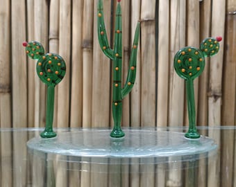 Murano Style Glass Cactus Figurine, Tropical Decor