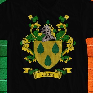 Cleary Family Crest T- Shirt, Cleary Coat of Arms, Cleary Shirt, Cleary Family Name, Irish Surname Gift, Cleary Surname, Irish Gifts