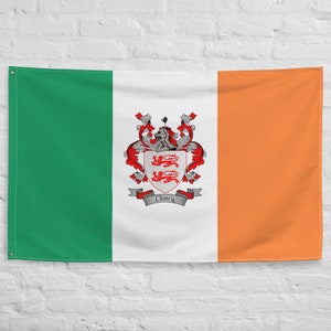 May include: An Irish flag with a coat of arms featuring a shield with three lions and the text "Clancy" on a banner below the shield.