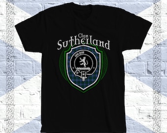 Clan Sutherland Tartan T-Shirt, Scottish Sutherland Tshirt, Sutherland Last Name, Sutherland Tartan, Sutherland Clan Crest Badge
