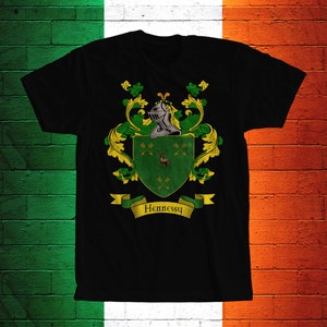 Hennessy Family Crest T- Shirt, Hennessy Coat of Arms, Hennessy Shirt, Hennessy Family Name, Irish Surname Gift, Hennessy Surname Irish Gift