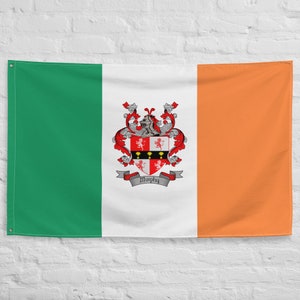 May include: An Irish flag with a coat of arms featuring a shield with lions and the word "Murphy" on a banner. The flag is green, white, and orange.