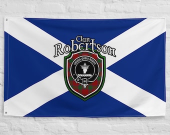 May include: A blue and white Scottish flag with a red, green, and black clan crest. The crest is surrounded by a black circle with the text "Virtutis Gloria Merces" and the text "Clan Robertson" above the crest.