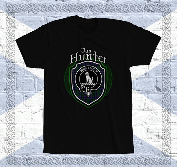 Clan Hunter Tartan T-Shirt, Scottish Hunter Tshirt, Hunter Last Name, Hunter Tartan, Hunter Crest, Hunter Clan Crest Badge