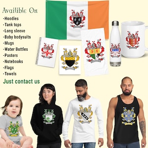 May include: A variety of products featuring a coat of arms design. The products include a hoodie, long-sleeve shirt, tank top, baby bodysuit, mug, water bottle, towel, notebook, and flag. The text "Available On" and "Just contact us" is visible in the image.