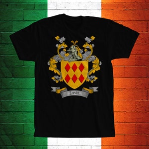 Lavin Family Crest T- Shirt, Lavin Coat of Arms, Lavin Shirt, Lavin Family Name, Irish Surname Gift, Lavin Surname, Irish Gifts