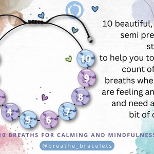 May include: A bracelet with ten numbered, semi-precious stone beads in shades of blue and purple. The bracelet is designed to help with counting breaths for calming and mindfulness. Text on the image reads "10 Breaths for Calming and Mindfulness."