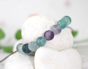 May include: A strand of iridescent blue, green, and purple beads on a white background.