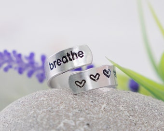 Hand Stamped Aluminium Ring: Adjustable Twist Ring with Hearts