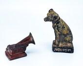 Victor Records Dog and Victorola Record Player Figurines, RCA Victor Dog and Record Player, Nipper Dog Statue, Cast Iron RCA Nipper Dog