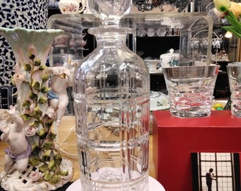 Round spirit decanter with plaid and olive cut in the style of Ralph Lauren.Hand blown and cut, exceptional quality