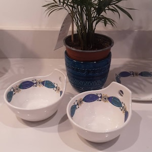 Può includere: Due ciotole in ceramica bianca con disegni di pesci blu e gialli e un manico su ogni lato. Le ciotole sono su un bancone bianco.